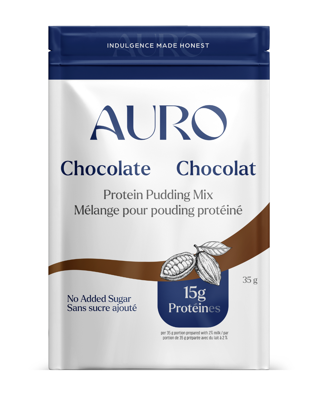 AURO Chocolate Protein Pudding Mix - front packaging showing 15g protein, no added sugar
